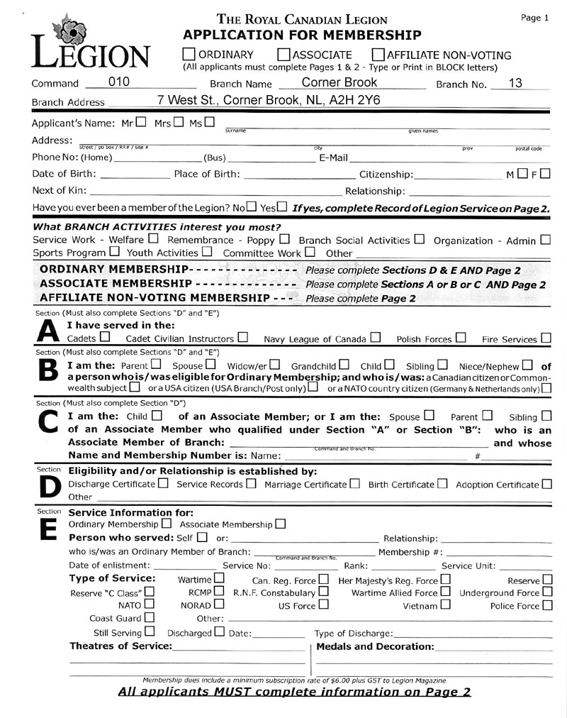 Membership Application page 1